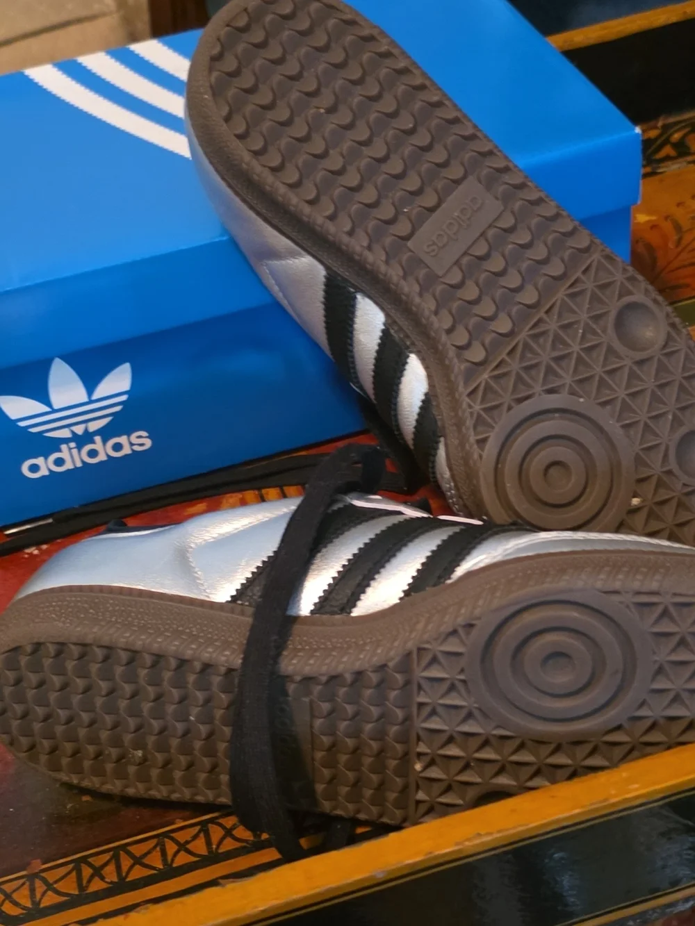 adidas Silver Samba Sneakers with Black Stripes